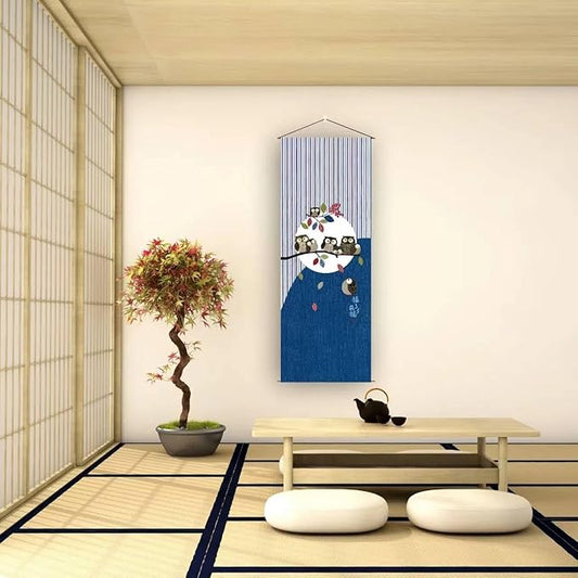 Japanese Tapestry Wall Art Scroll - Feng Shui & Lucky Symbols | W15.7xH47.2", Extra Long Vertical Hanging Decor for Bedroom, Living Room, Office | (Owl) CTT-128