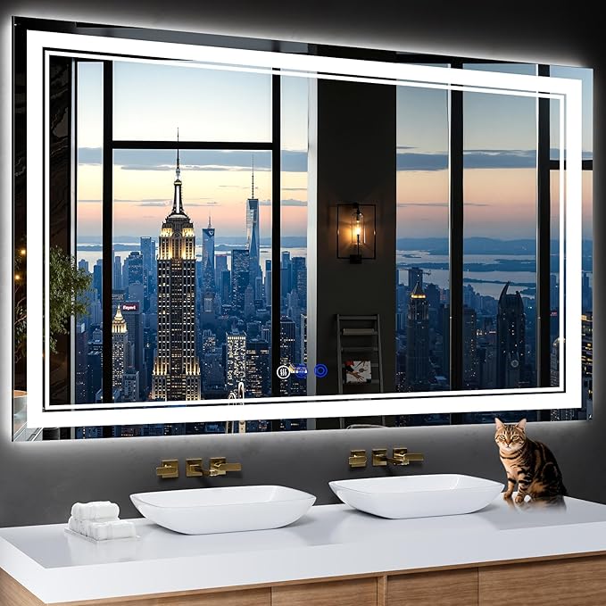 60"x36" LED Bathroom Mirror with Anti-Fog, Stepless Dimmable Lights, 3 Color Modes, Shatter-Proof Tempered Glass, Memory Function & Waterproof Design