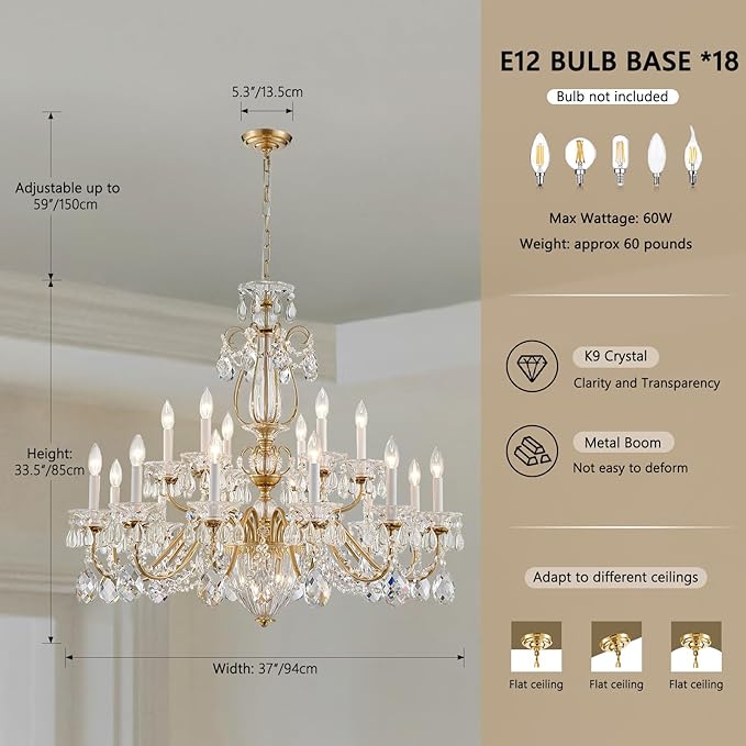 18 Lights Large Crystal Chandeliers for High Ceilings Brass Maria Theresa Chandelier Modern Chandelier Light Fixture for Foyer Entryway Staircase Hallway High Ceiling Living Room Dia 37 inch