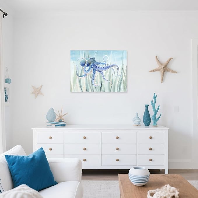 Ocean Wall Decor Octopus Canvas Wall Art for Bathroom Under The Sea Blue Coastal Decor for Home Nautical Prints for Bedroom Kitchen Restroom 36x24Inch
