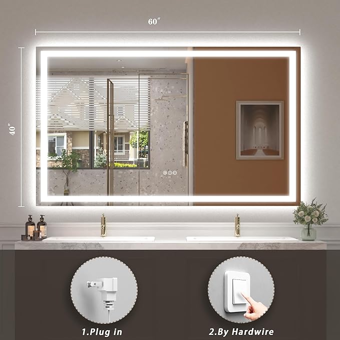 60x 40 Inch Lighted Bathroom Mirror for Wall, LED Illuminated Vanity Mirror with Lights, Dimmable, Anti-Fog, ETL Listed (Backlit and Front Lighted)