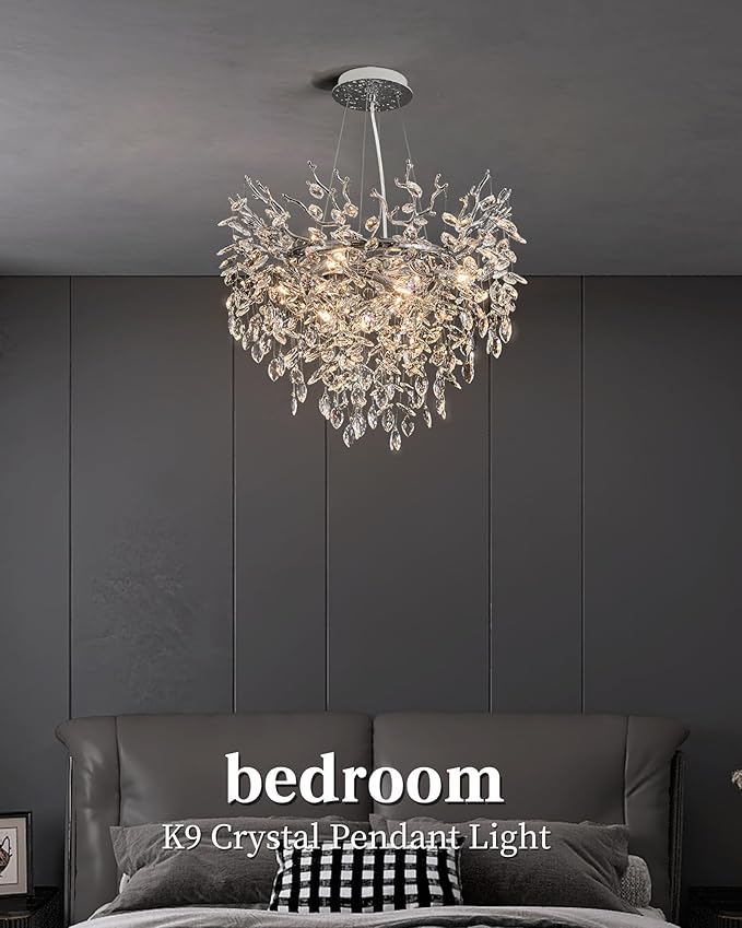 Modern Crystal Chandelier for Dining Room, 23.62" Chrome Tree Branch Chandeliers, 8-Light Luxury K9 Crystal Round Chandeliers for Kitchen Island Living Room