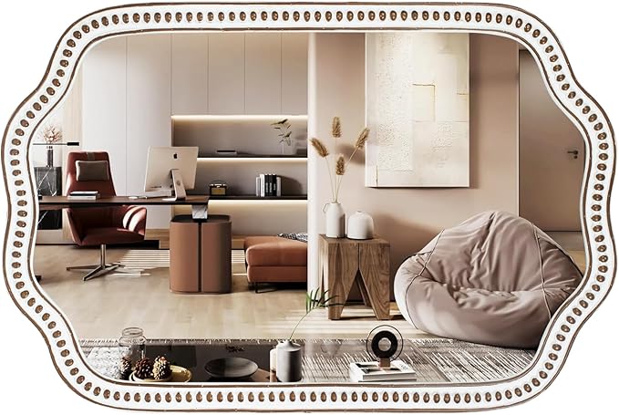 24x36 Inch Wooden Scalloped Farmhouse Mirror for Wall Decor, Rustic Decorative Mirrors for Living Room, Bedroom, Entryway, Bathroom Over Sink - Horizontal/Vertical Mount