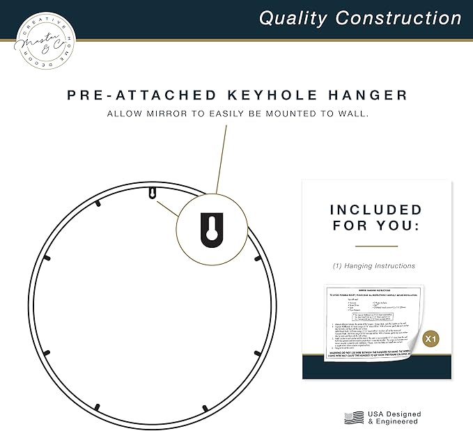 MCS Master & Co. 37.75in Round Metal Brass Mirror, Modern Wall Hanging Large Mirror for Bathroom, Bedroom & Livingroom