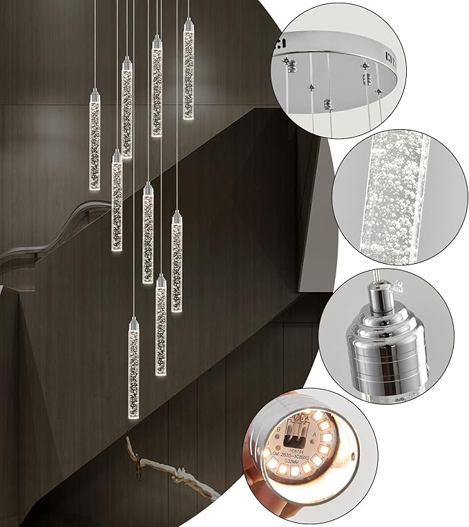9-Lights High Ceiling Crystal Staircase Chandelier Silver, Modern Spiral Raindrop Dimmable LED Bubble Cluster Ceiling Hanging Lighting Fixture for Foyer Living Room Entrance Remote Control