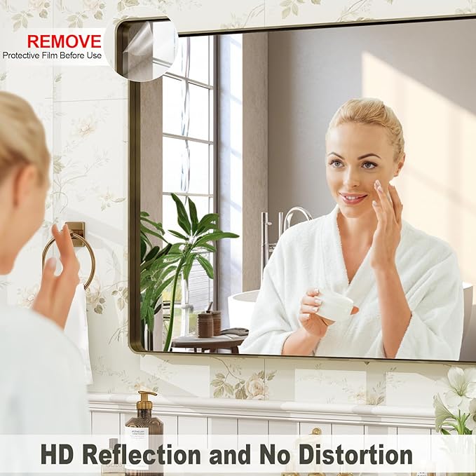 40x30 Bronze Framed Bathroom Mirror, Brushed Bronze Metal Vanity Mirror, Bronze Rectangle Mirror for Wall, Rounded Corner, Tempered Glass, Anti-Rust, Shatterproof (Horizontal/Vertical)