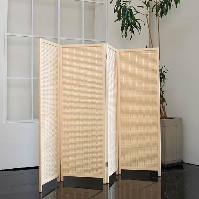 4 Panel Short Room Divider Folding Screen,47 inch Bamboo Panel Divider for Home Partition,Beige