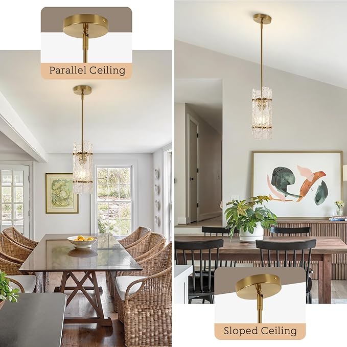 Modern Gold Crystal Pendant Light for Kitchen Island, Luxury Mini Water Ripple Glass Chandelier Lights Fixture, Round Adjustable Hanging Pendant Lighting for Dining Room Bedroom Hallway (1-Pack)