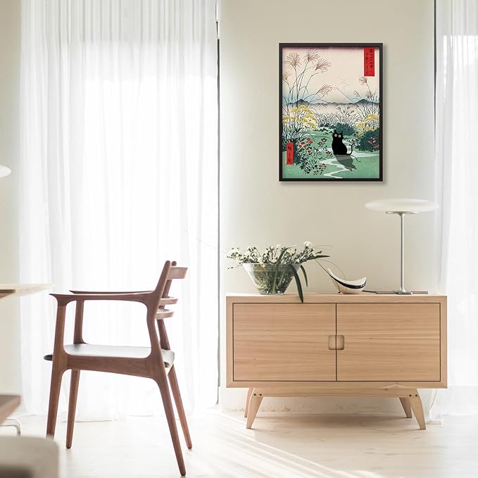 Black Framed Canvas Wall Art Posters Funny Japanese Black Cat Poster Modern Ukiyo-e Decor Picture for Home Bedroom Dorm Wall Decorations 12x16in