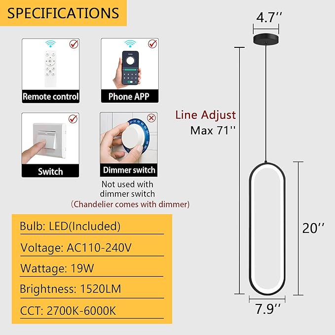 Modern Ring Chandelier LED Dimmable Ceiling Light for Living Room Kitchen Island Staircaes Black