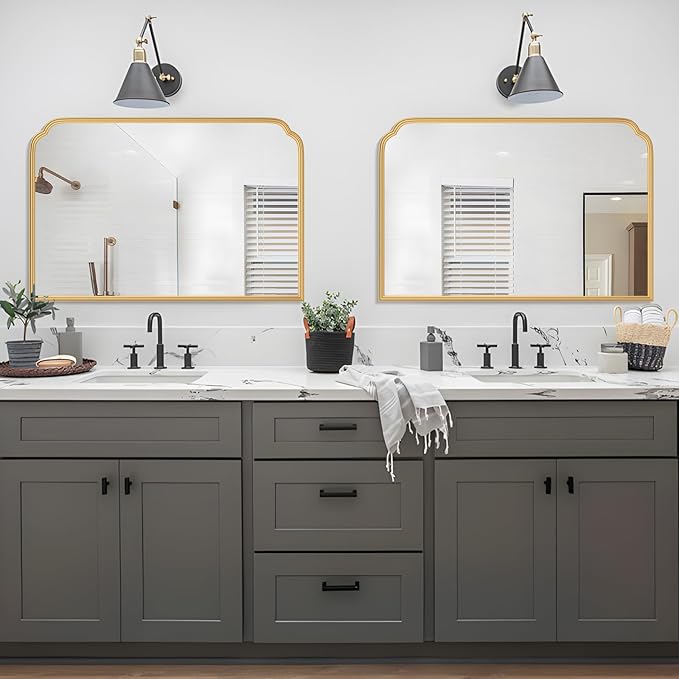 36X24 Inch Gold Bathroom Vanity Mirror for Over Sink, Modern Rounded Corner Fireplace Decor Mirror with Non-Rusting Iron Metal Framed