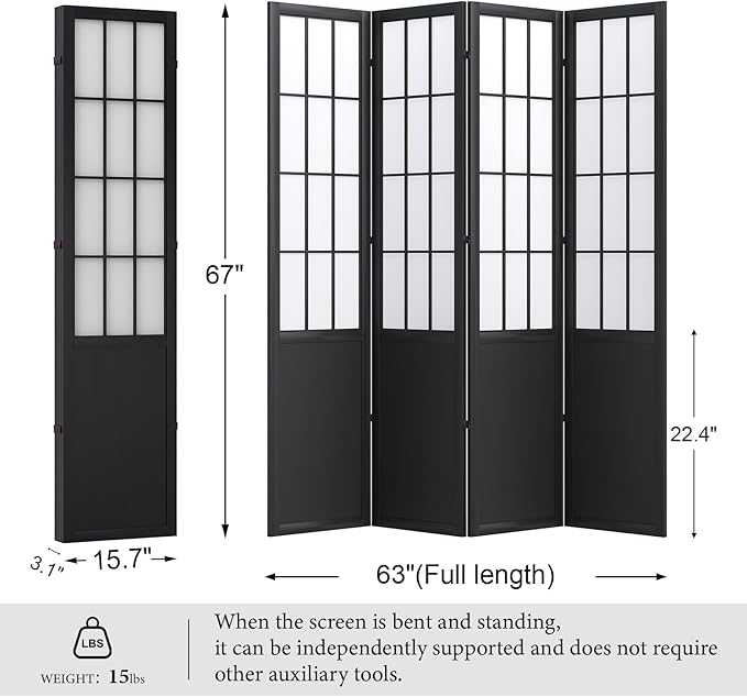5.6FT Room Divider and Folding Portable Partition Screen, Chinese Japanese Shoji Style for Room Separation - 4 Panel (Black)