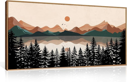 KAIRNE Mountain Framed Canvas Wall Art, Mid Century Modern Decor, Boho Wall Art Painting, Lake Pines Tree Sunset Nature Landscape Art Print for Living Room, Bedroom, Office, Dining Room- 20"x40"x1