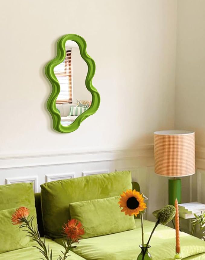 Living Room Mirrors for Wall Decor, Soft Velvet Wall Mounted Cloud Mirror for Girl Teen Women Bedroom Decoration, Cute Hanging Sculpture Home Accent for Dining Room Kitchen (Lawn Green)