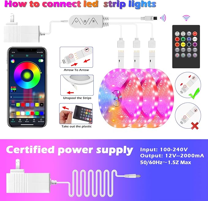 Led Strip Lights, 300ft/90m Long Smart Led Light Strips Music Sync 5050 RGB Color Changing Rope Lights,Bluetooth APP/IR Remote/Switch Box Control Led Lights for Bedroom,Home Decoration,Party,Festival