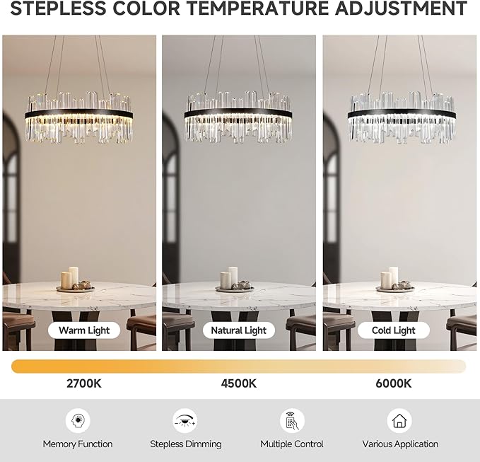 Modern Round Crystal Led Chandelier: 23.6" Black Contemporary K9 Crystals Large Chandeliers - Dimmable 3 Color Drum Ceiling Chandelier - Height Adjustable Circular Light Fixture for Bedroom Kitchen