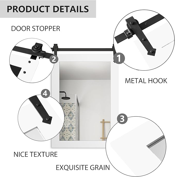 Bathroom Mirror for Over Sink 26”x40” Farmhouse Barn Door Mirror Rustic Wood Framed Wall Mirror for Bathroom, Bedroom, Entryway (Bright White)