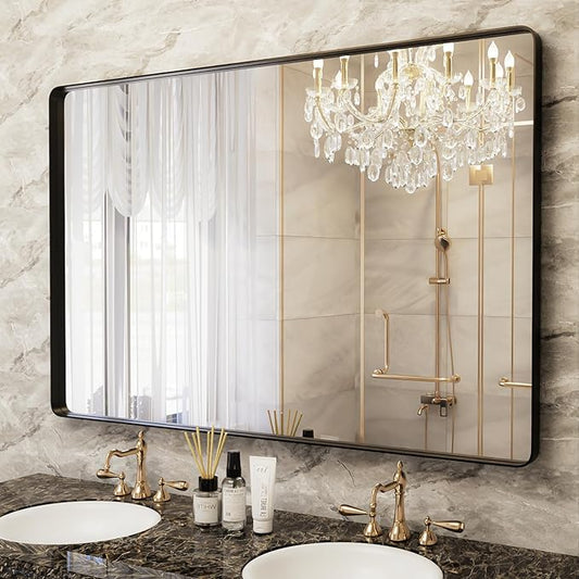 Black Bathroom Mirror for Wall, 48x32 Inch Matte Black Framed Bathroom Vanity Mirror for Farmhouse Living Room Bedroom, Anti-Rust, Tempered Glass, Horizontal/Vertical