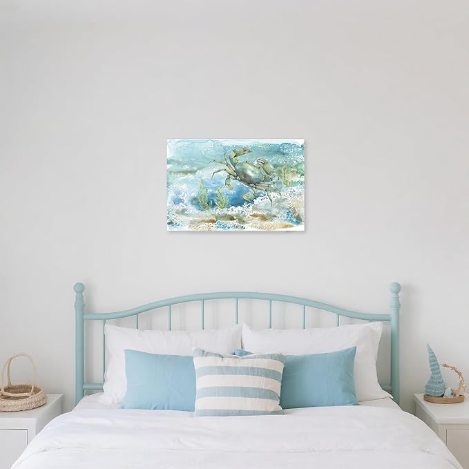 Nautical Wall Decor Green Crab Canvas Painting Ocean Bathroom Decor Sea Grass Coastal Wall Art Beach Decorations for Bedroom Livingroom Home 24x16Inch