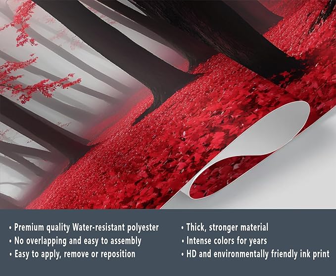 Misty Forest Mural Wallpaper, Red Forest Murals, 3D Natural Landscape Murals Wallpaper for Living Room Bedroom Home Decor Mural - 78.7" W x 39.18" H (Not Peel Stick)