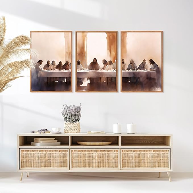 Aurlan Jesus Last Supper Bible Story Wall Art(24"x36"), 3PCS Boho Christ Christian Easter Gifts Canvas Artwork, Neutral Spiritual Religious Faith Decor Prints for Office Home