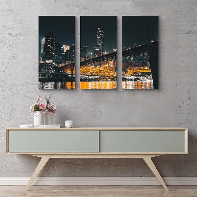 NAN Wind 3PCS Chongqing City Nightscape Canvas Wall Art Illuminated Chinese Skyline with Bridge Skyscrapers Modern Urban Landscape Photography Print for Living Room Office Bedroom Decor