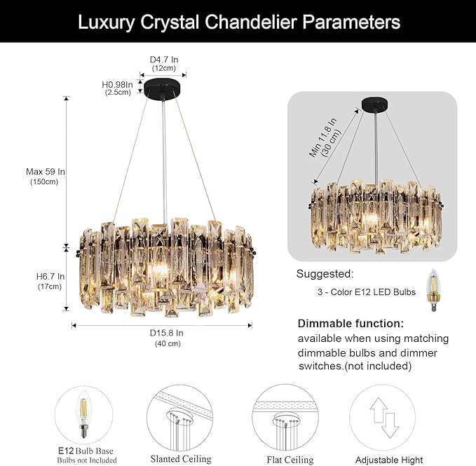 Modern Luxury K9 Crystal Chandelier 5-Lights Round Pendant Light Easy Install Ceiling Hanging Light Fixture for Dining Living Room Kitchen Island Entryway Foyer D15.8 Black