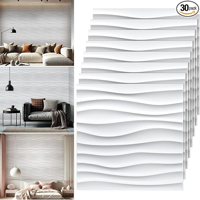 Chunful 30 Pcs 28.81 Sq ft 3D Wall Panels PVC Wave Design,11.8" x 11.8" Wall Panels Brick Wallpaper Waterproof for Interior Living Room Bedroom Decor(White)