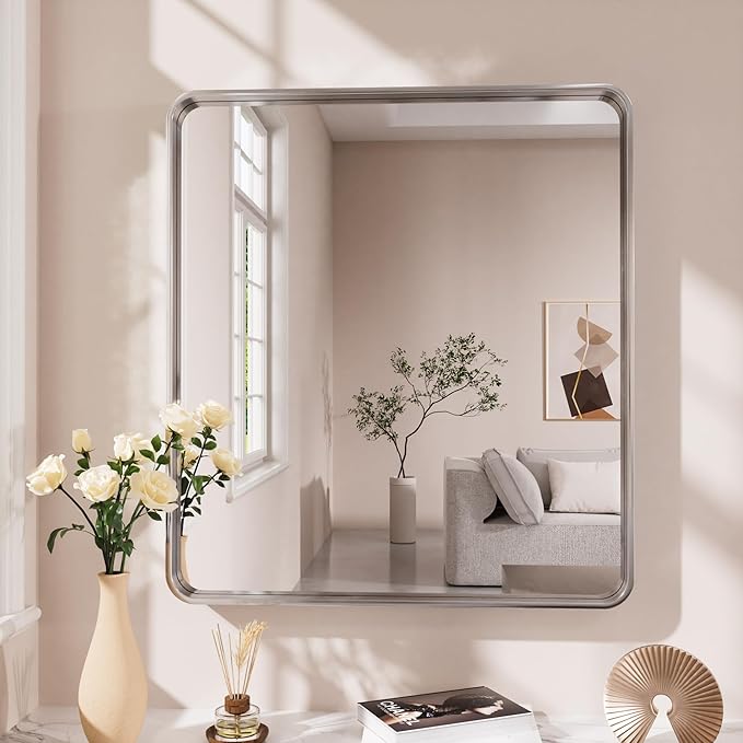Brushed Nickel Bathroom Mirror, 30x36 Inch Thick Silver Metal Rectangle Frame Wall Mirror, Modern Round Corner Bathroom Vanity Mirror for Over Sink, Bedroom, Living Room, Entryway