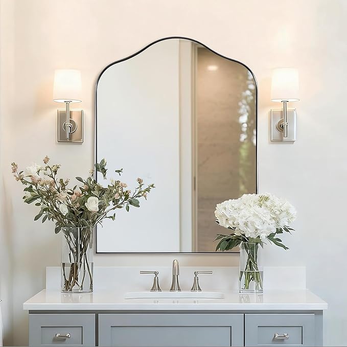 ANDY STAR Scalloped Arched Mirror, 30x40 Brushed Nickel Irregular Bathroom Mirror for Vanity, Asymmetrical Curved Top with Anti-Rust Stainless Steel Frame, for Entryway, Bedroom, Mantel, Fireplace