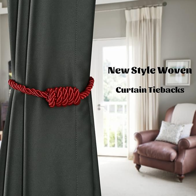 BEL AVENIR Magnetic Curtain Tiebacks, Decorative Drapery Holdbacks Modern Woven Tie-Backs with Exquisite Knot (Red, 4 Pack)
