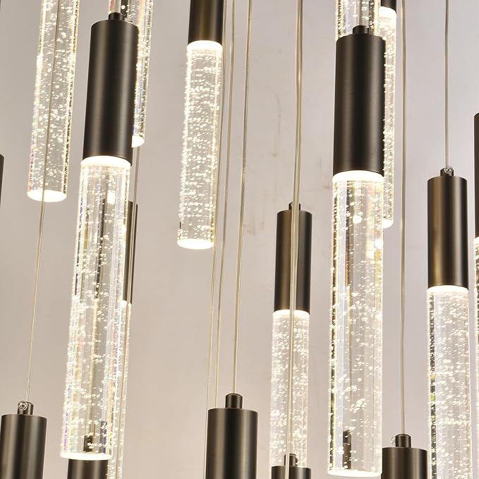 Black Crystal Chandeliers, Large Dimmable Hanging Lamps, Round LED Raindrop Ceiling Pendant Light Fixtures for Dining Room Staircase Living Room Farmhouse