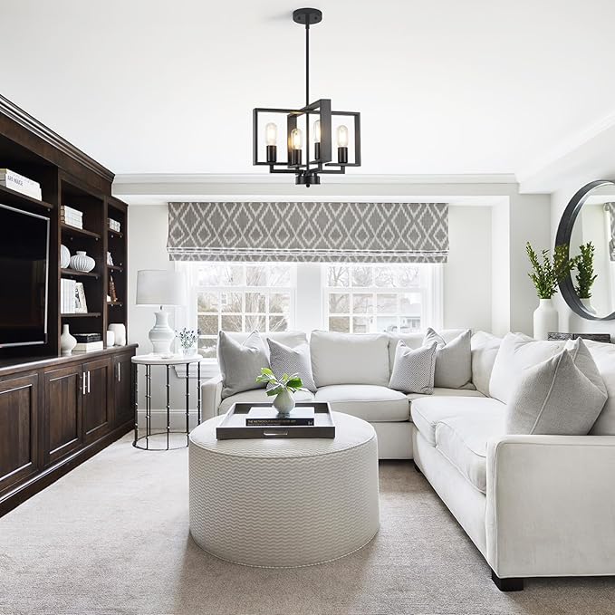 4-Light Modern Farmhouse Black Chandeliers for Entryway, 16'' Geometric Pendant Lights Kitchen Island, Hanging Industrial Metal Chandelier for Stairway Foyer Hallway Dining Room