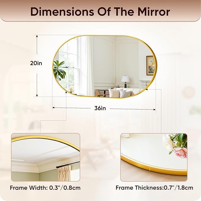 Antok Wall Mirror, 20"x36" Bathroom Vanity Mirror, Anti-Rust HD Tempered Glass, Wall Mounted Mirrors for Living Room, Entryway, Hallway, Gold Frame, Oval