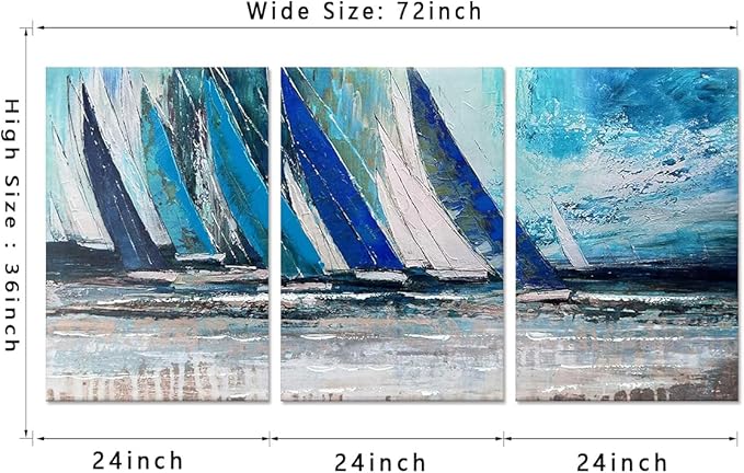 MAMAGO Large Abstract Living Room Wall Art Blue Coastline Landscape Canvas Prints Oil Painting Vintage Nautical Ocean Artwork for Bathroom Office Modern Framed Wall Decor Easy to Hang -24" x36x3pcs