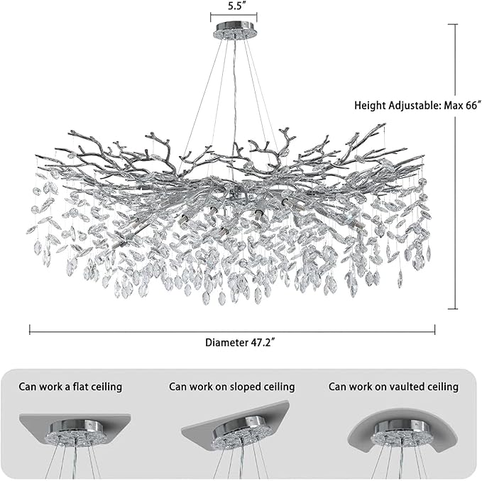 47" Silver Crystal Chandelier, 18-Light Modern Tree Branch Chandelier, Luxury Round K9 Crystal Raindrop Chandeliers for Dining Room, Living Room, Foyer, Entryway, Bedroom, Contemporary Light Fixture