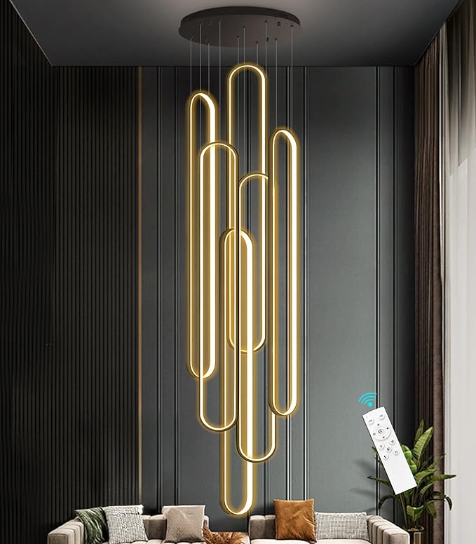 Modern High Ceiling Chandelier for Foyer Black 6 Rings Chandeliers LED Dimmable Chandelier for Living Room Staircase Villa