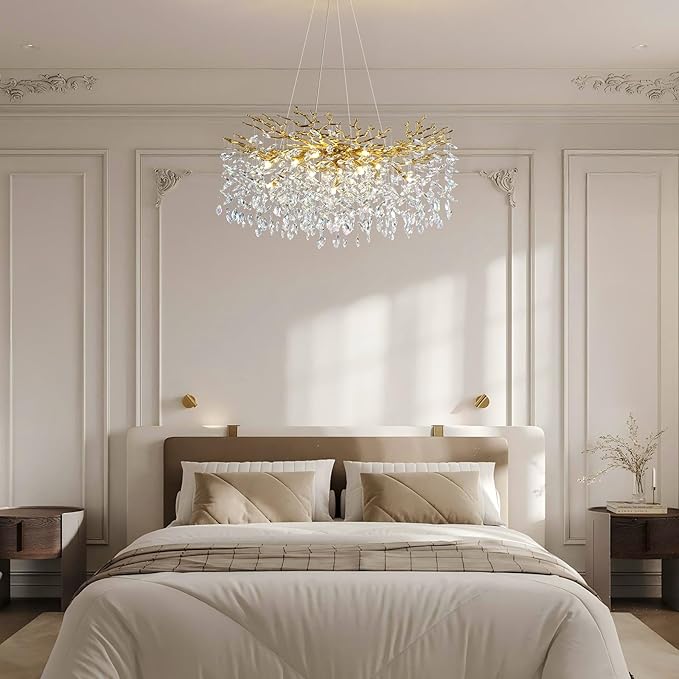 Modern Crystal Chandeliers for Dining Room Over Table, 40" Round Gold Tree Branche Chandelier, Large Crystal Chandelier for Living Room,High Ceiling,Foyer,Entryway,Kitchen Island,Staircase