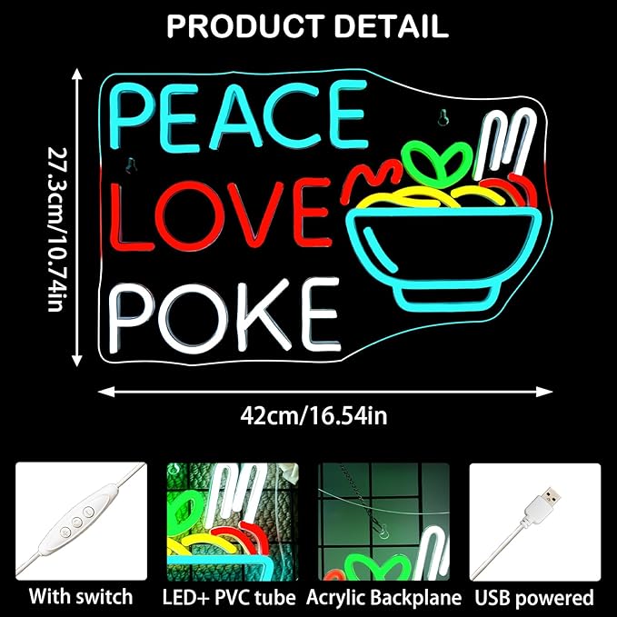 Looklight Peace Love Poke Ramen Neon Sign,Noodles Led Lights Neon Lights for Wall Decor Light Up Signs for Restaurant Kitchen Dinning Room Japanese Noodle Shop