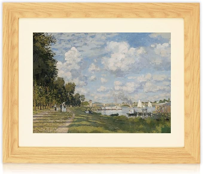 Brivoria Framed Canvas Wall Art Vintage Decor, Impressionist Riverside Print with Autumn Sky, Sailboats, and Tree-Lined Path for Entryway Hallway Reading Nook Bathroom or Office Display, 13"x16"
