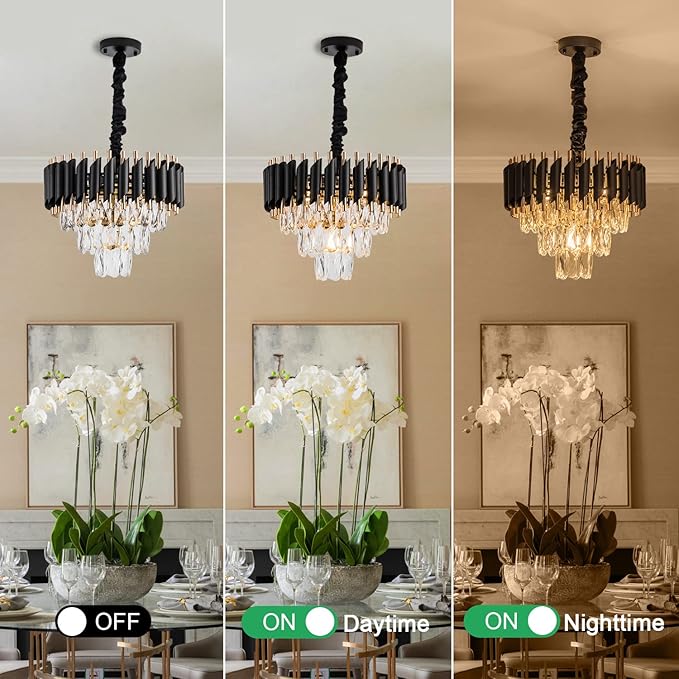 15" 5-Light Modern Crystal Chandelier Light Fixtures 3-Tier Black Gold Luxury Chandeliers for Dining Room Round Hanging Pendant Lighting for Living Room Kitchen Entryway Bedroom Hallway
