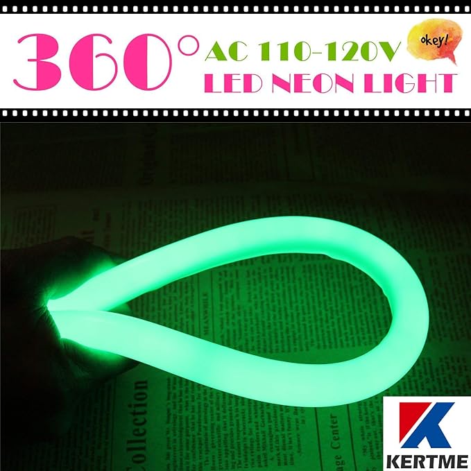 360° Neon Led Type AC 110-120V 360 Degree NEON LED Light Strip, Flexible/Waterproof/Dimmable/Multi-Modes LED Rope Light + Remote for Home/Garden/Building Decor (98.4ft/30m, Green)