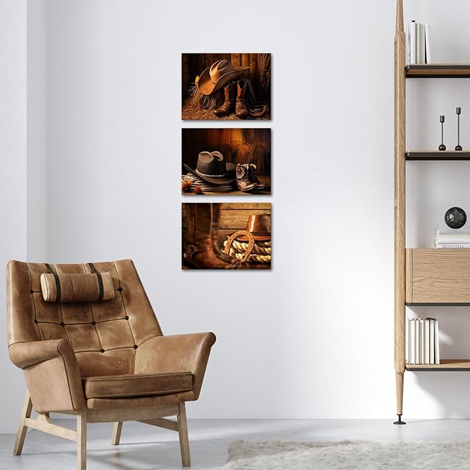 LyerArtork 3 Pieces Western Cowboy Decor Canvas Wall Art Straw Hat Boot Roper Vintage Pictures Brown Prints West Farmhouse Artwork Wall Decor for Living Room Bedroom 12"x16"x3pcs