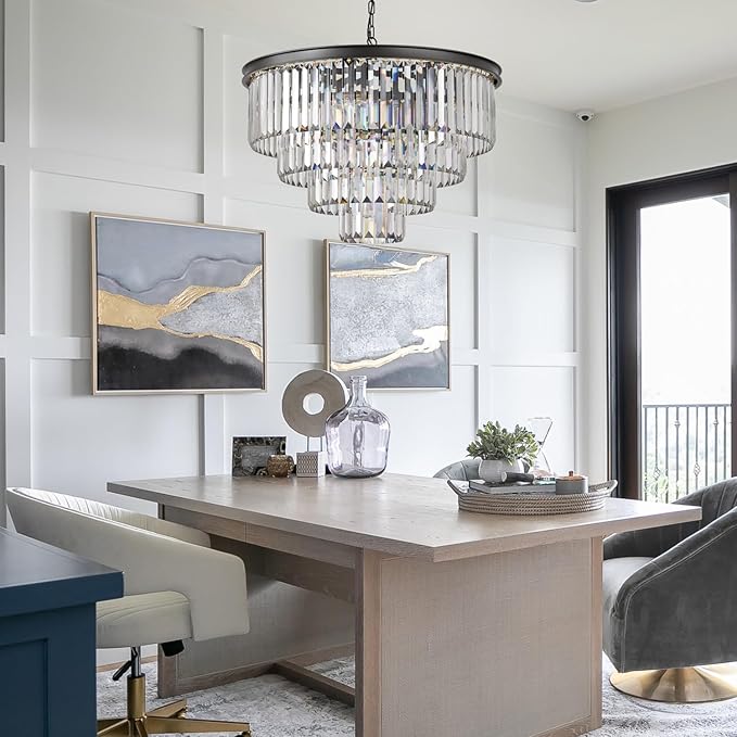 Modern Black Crystal Chandelier,4-Tier Round Pendant Ceiling Fixture with Height Adjustable Luxury Hanging Chandelier for Dining Room,Living Room,Entryway,Bedroom,Kitchen,and Foyer (Black Crystal-4)