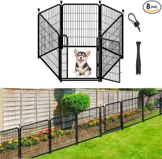 48in 8 Panels High Garden Fencing,Gate 21 in Wide with Low Sills,Total 17.7 Ft(L) Dog Fence Outdoor for Yard. Dog Digging Fence Barrier,Lattice Panels for Outside, Garden Fences and Borders