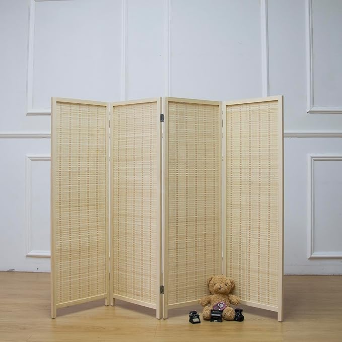 4 Panel Room Divider Short Folding Screen Divider,Double Sided Bamboo Divider Screen for Room Separation,Beige,47.2" H x 61.4" W