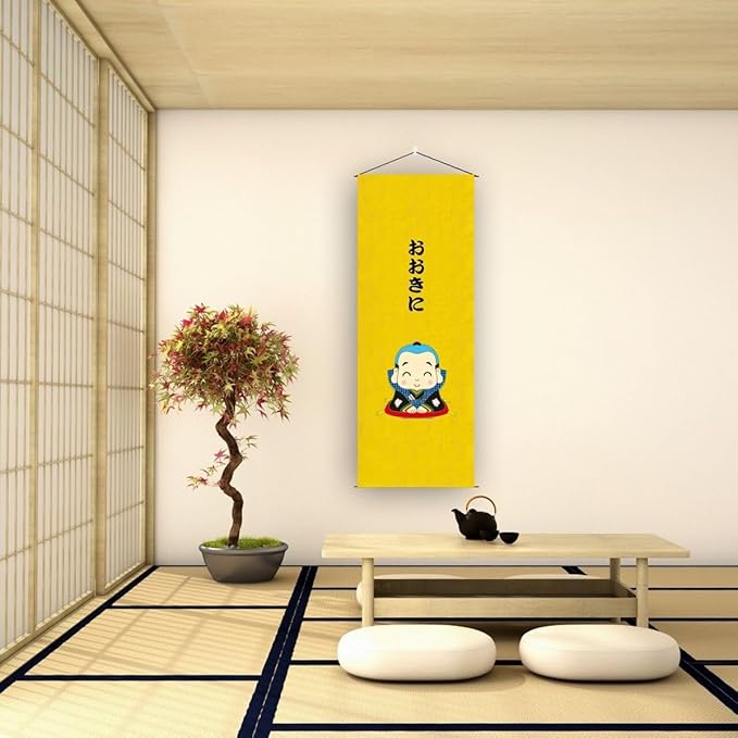 Japanese Tapestry Wall Art - Good Fortune Feng Shui & Lucky Symbols | W15.7xH47.2", Long Vertical Hanging Decor for Bedroom, Living Room, Office | Washable Fabric with Calming Zen Design (Little Monk)CTT-133