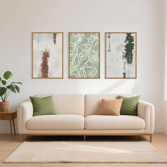 Large Abstract Green and Brown Framed Canvas Wall Art,Neutral Brush Stroke Wall Decor,Modern Watercolor Line Artwork,Minimalist Geometric Art Print for Living Room,Bedroom,Office- 24"x36"x3