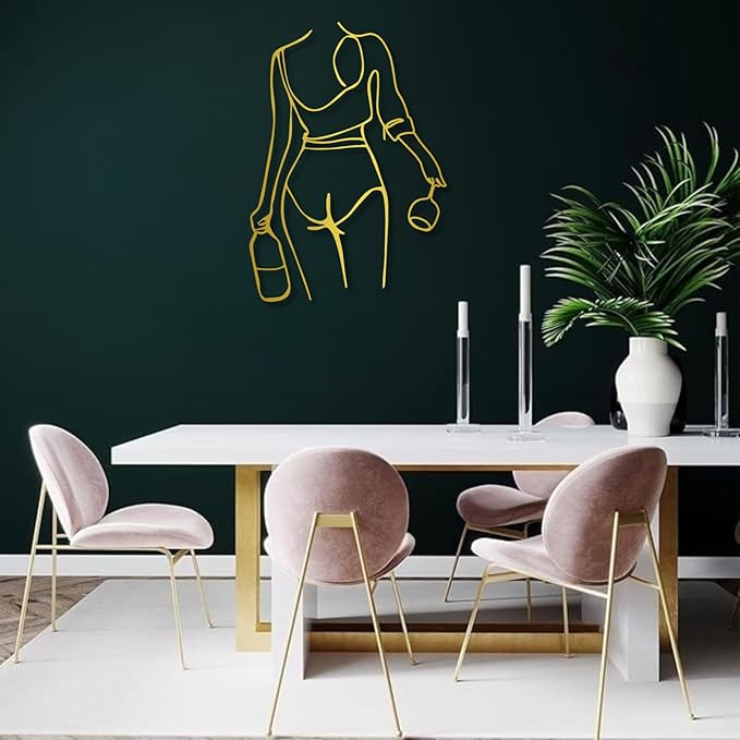 Metal Wall Art Woman Drinking Wine, Modern Minimalist Abstract Line Sculpture, Feminine Wall Decor for Living Room, Dining Room, Bar, Kitchen, Perfect Wine Lover Birthday Housewarming Gift – Gold 30.3"x21.7"