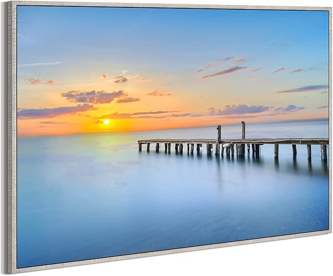 Canvas Wall Art Ocean Picture: Living Room Bedroom Large Seascape Sunset Framed Painting Sea Beach Scene Coastal Pier Print Artwork for Home Office 48 x 32 Inch